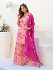 Neck Embroidery Georgette Kurta With Sharara And Dupatta