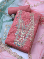 Neck Embroidery Chanderi Unstitched Suit With Dupatta