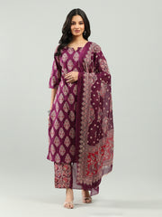 Printed Cotton Blend Kurta With Pants & Dupatta