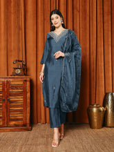 Embroidered Cotton Blend Kurta With Pants & Dupatta