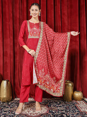Printed Cotton Blend Kurta With Pants & Dupatta