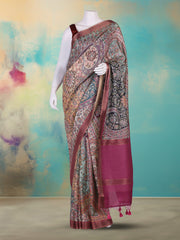 Printed Tussar Pink Multi Saree