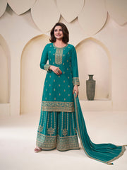 Embroidered Chinon Unstitched Suit With Pant & Dupatta