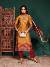 Floral Printed Art Silk Kurta With Pant & Dupatta