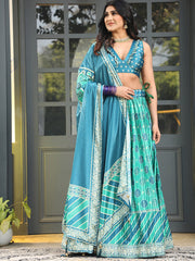 Bandhani Print Satin Unstitched Lehenga Choli With Dupatta