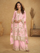 Embroidered Chinnon Kurta With Plazzo & Dupatta
