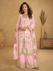 Embroidered Chinnon Kurta With Plazzo & Dupatta