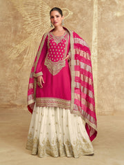 Embroidered Chinon Silk Kurta With Skirt & Dupatta