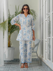 Printed & Lace Work Cotton Blend Shirt With Pant