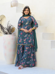 Neck Embroidered Georgette Kurta With Sharara And Dupatta