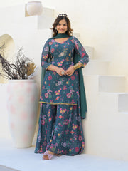 Neck Embroidered Georgette Kurta With Sharara And Dupatta