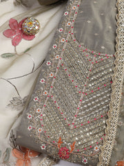 Neck Embroidery Chanderi Unstitched Suit With Dupatta