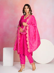 Bandhani Printed Cotton Blend Kurta With Pants & Dupatta