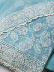 Thread Embroidery Organza Unstitched Suit Piece With Dupatta
