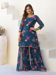 Neck Embroidered Georgette Kurta With Sharara And Dupatta