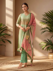 Neck Embroidery Crepe Kurta With Pants & Dupatta