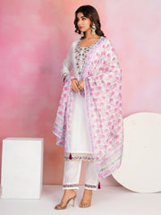 Neck Embroidery Cotton Blend Kurta With Pants & Dupatta