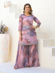 Neck Embroidery Georgette Kurta With Sharara And Dupatta