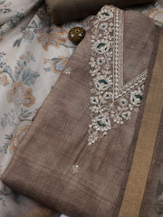 Neck Embroidered Chanderi Unstitched Suit With Dupatta