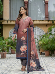 Printed Embroidered Art Silk Kurta With Pants & Dupatta