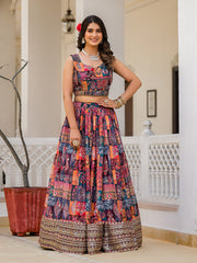 Printed Organza Choli With Lehenga & Dupatta