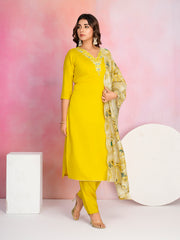 Plain Cotton Blend Kurta With Pants & Dupatta