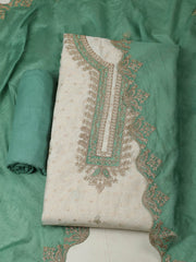 Embroidered Chanderi Cream-Green Unstitched Suit With Pant & Dupatta