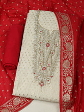 Embroidered Chanderi Cream-Red Unstitched Suit With Pant & Dupatta
