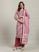 Floral Parinted Cotton Blend Kurta With Pants & Dupatta