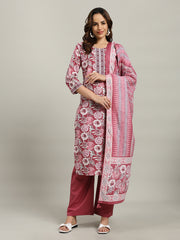 Floral Parinted Cotton Blend Kurta With Pants & Dupatta