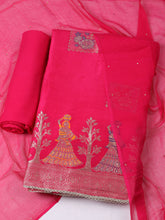 Woven Design Chanderi Rani Unstitched Suit With Pant & Dupatta