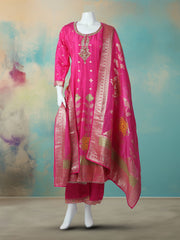 Embroidered Art Silk Stitched Kurta With Pant & Dupatta