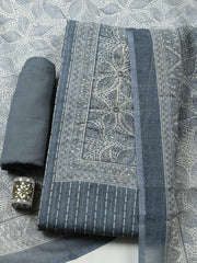 Embroidered Linen Blend Unstitched Suit With Pant Dupatta