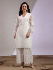 Lace Neck Cotton Blend Kurta With Pants