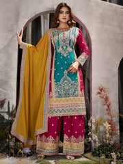 Embroidered Chinon Kurta With Plazzo & Dupatta