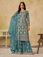 Embroidered Net Semi Stitched Kurta With Sharara & Dupatta