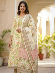 Printed Cotton Blend Kurta With Pant & Dupatta