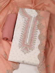Embroidered Chanderi Cream-Peach Unstitched Suit With Pant & Dupatta
