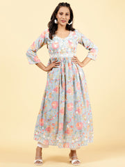 Floral Printed & Neck Embroidered Cotton Kurta