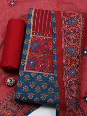 Embroidered Cotton Blend Unstitched Suit With Pant & Dupatta