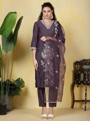 Resham Booti Muslin Kurta With Pants & Dupatta