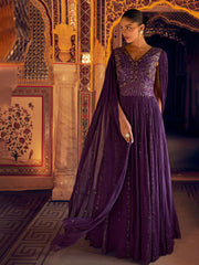 Embroidered Georgette A Line Dress With Dupatta