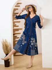 Neck Embroidered Denim Dress