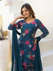 Neck Embroidered Georgette Kurta With Sharara And Dupatta