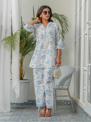 Printed & Lace Work Cotton Blend Shirt With Pant