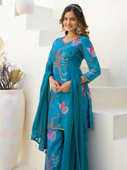 Neck Embroidery Georgette Kurta With Sharara And Dupatta