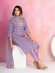 Printed Cotton Blend Kurta With Pants & Dupatta