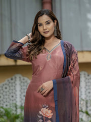 Printed Embroidered Art Silk Kurta With Pants & Dupatta