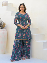 Neck Embroidered Georgette Kurta With Sharara And Dupatta