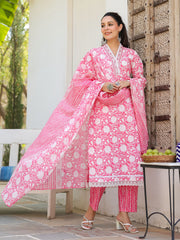 Floral Printed Cotton Blend Kurta With Pants & Dupatta
